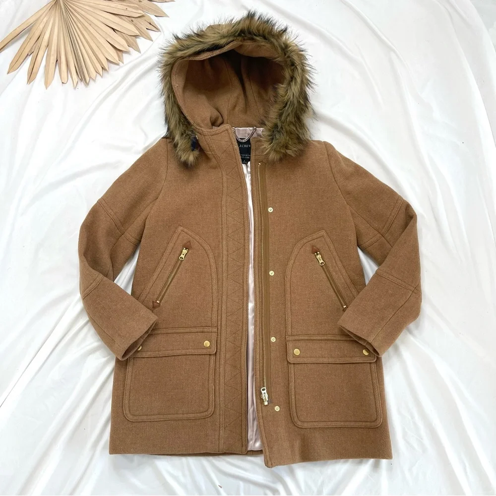 J. Crew Chateau Parka Italian Stadium Cloth Nello Gori Wool Faux Fur Jacket Coat - Picture 2 of 8